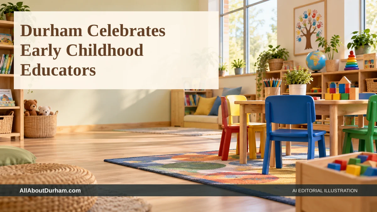 AI editorial illustration: Colourful early-learning classroom with chairs and play materials. Headline: Durham Celebrates Early Childhood Educators. AllAboutDurham.com.