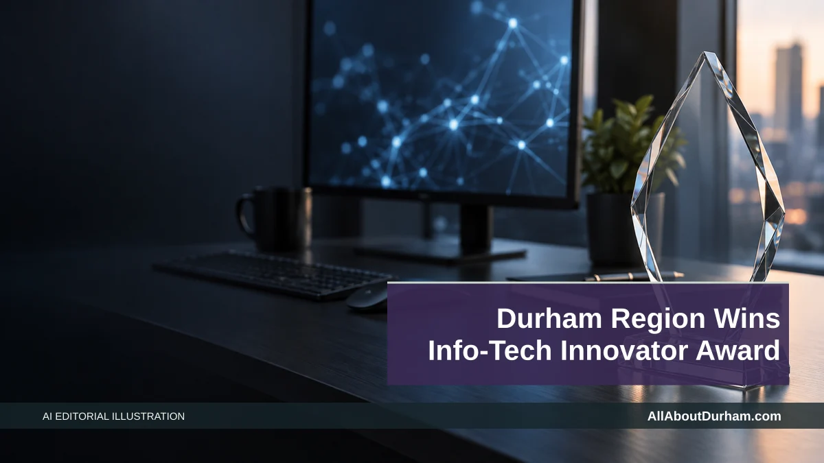 AI editorial illustration: Computer display with abstract network connections. Headline: Durham Region Wins Info-Tech Innovator Award. AllAboutDurham.com.