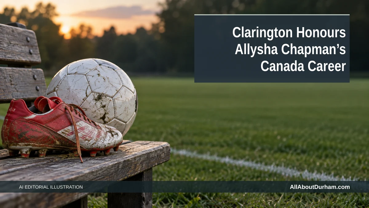 AI editorial illustration: Soccer boot and ball on grass representing an international soccer career. Headline: Clarington Honours Allysha Chapman’s Canada Career. AllAboutDurham.com.