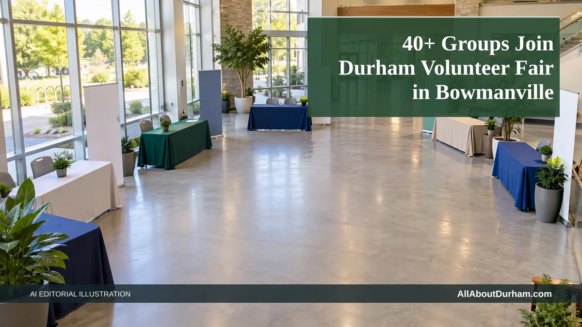 AI editorial illustration: Empty community-event tables in a bright recreation hall. Headline: 40+ Groups Join Durham Volunteer Fair in Bowmanville. AllAboutDurham.com.