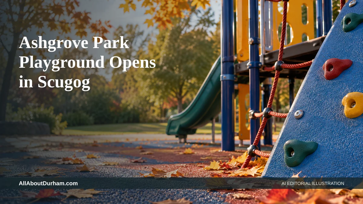 AI editorial illustration: Close-up of colourful playground climbing equipment and autumn leaves. Headline: Ashgrove Park Playground Opens in Scugog. AllAboutDurham.com.
