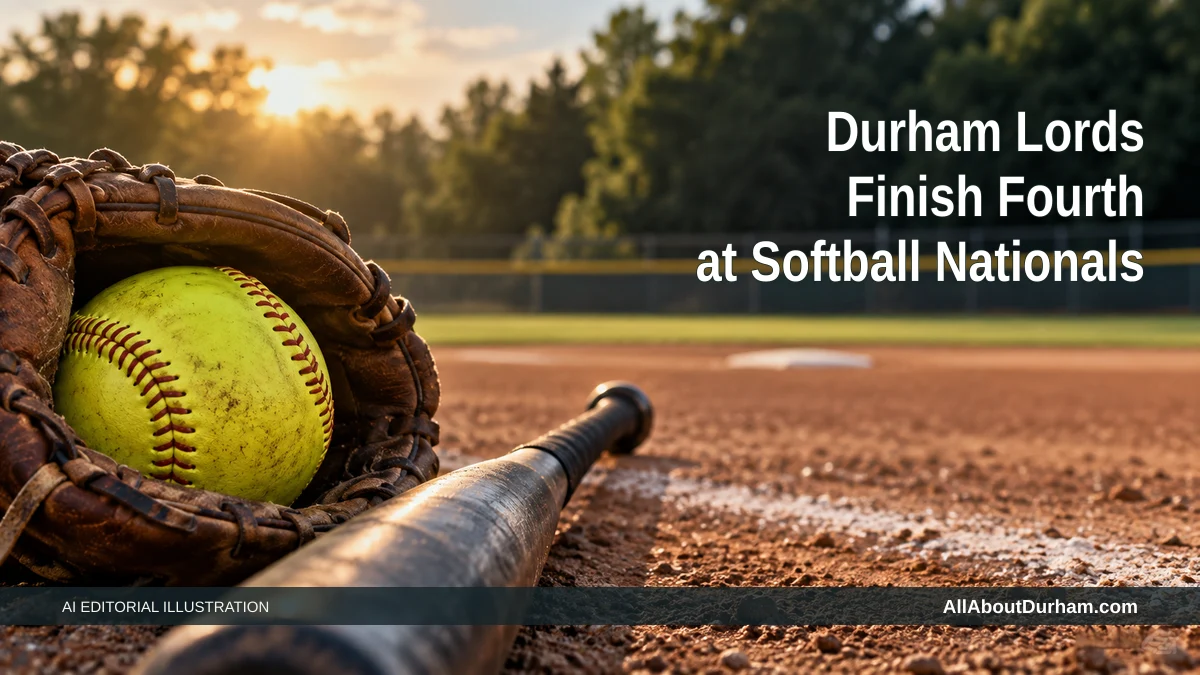 AI editorial illustration: Yellow softball in a glove beside a bat on an empty diamond. Headline: Durham Lords Finish Fourth at Softball Nationals. AllAboutDurham.com.