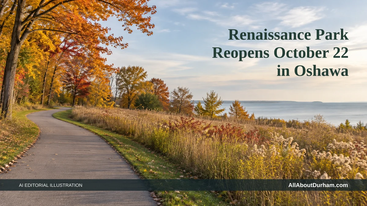 AI editorial illustration: Autumn path beside native grasses and a lake. Headline: Renaissance Park Reopens October 22 in Oshawa. AllAboutDurham.com.