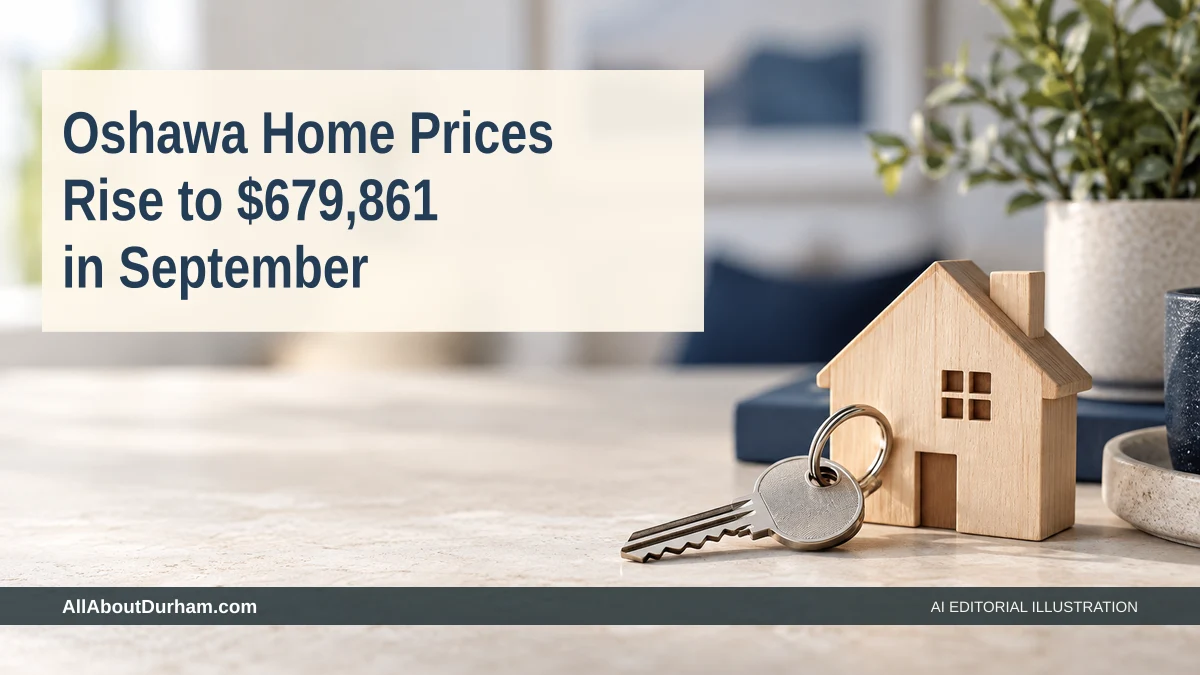 AI editorial illustration: House keys and a small wooden house model on a neutral desktop. Headline: Oshawa Home Prices Rise to $679,861 in September. AllAboutDurham.com.