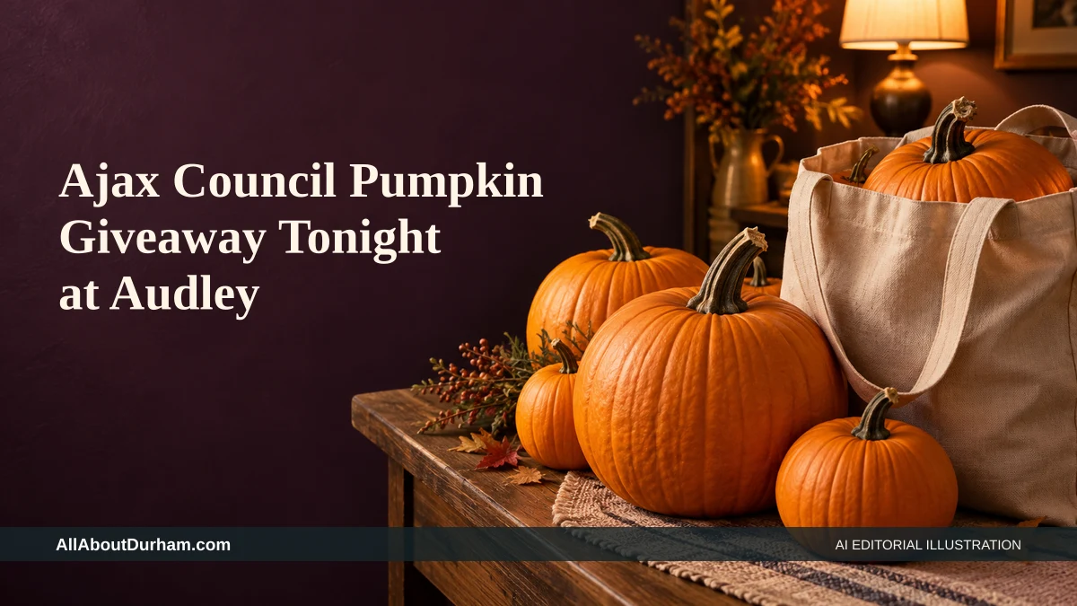 AI editorial illustration: Fresh pumpkins and a reusable tote bag in warm evening light. Headline: Ajax Council Pumpkin Giveaway Tonight at Audley. AllAboutDurham.com.