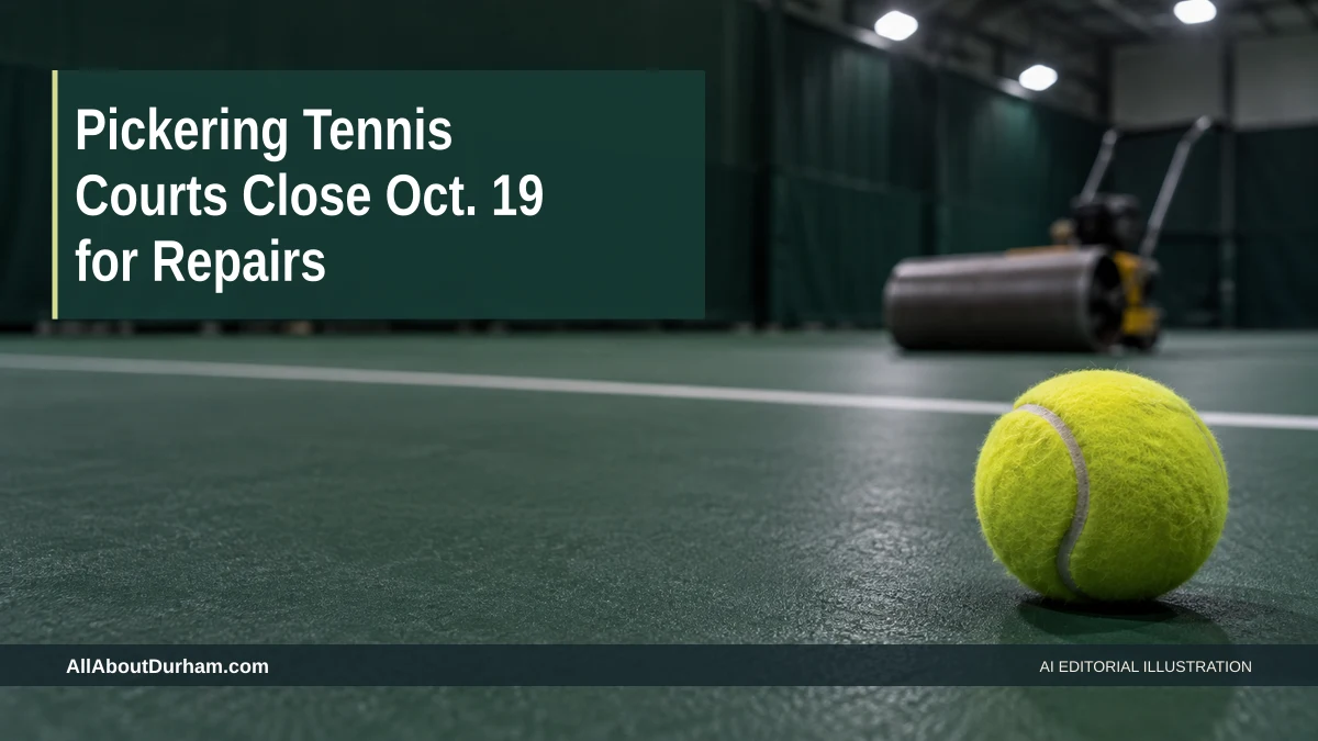 AI editorial illustration: Tennis ball on an indoor court with a repair roller blurred in the background. Headline: Pickering Tennis Courts Close Oct. 19 for Repairs. AllAboutDurham.com.