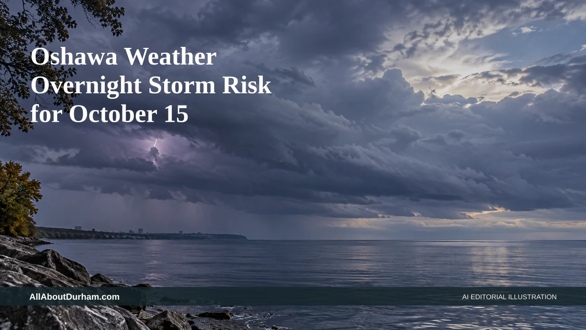 AI editorial illustration: Dark thunderclouds and rain over a calm lake; forecast illustration, not observed weather. Headline: Oshawa Weather Overnight Storm Risk for October 15. AllAboutDurham.com.