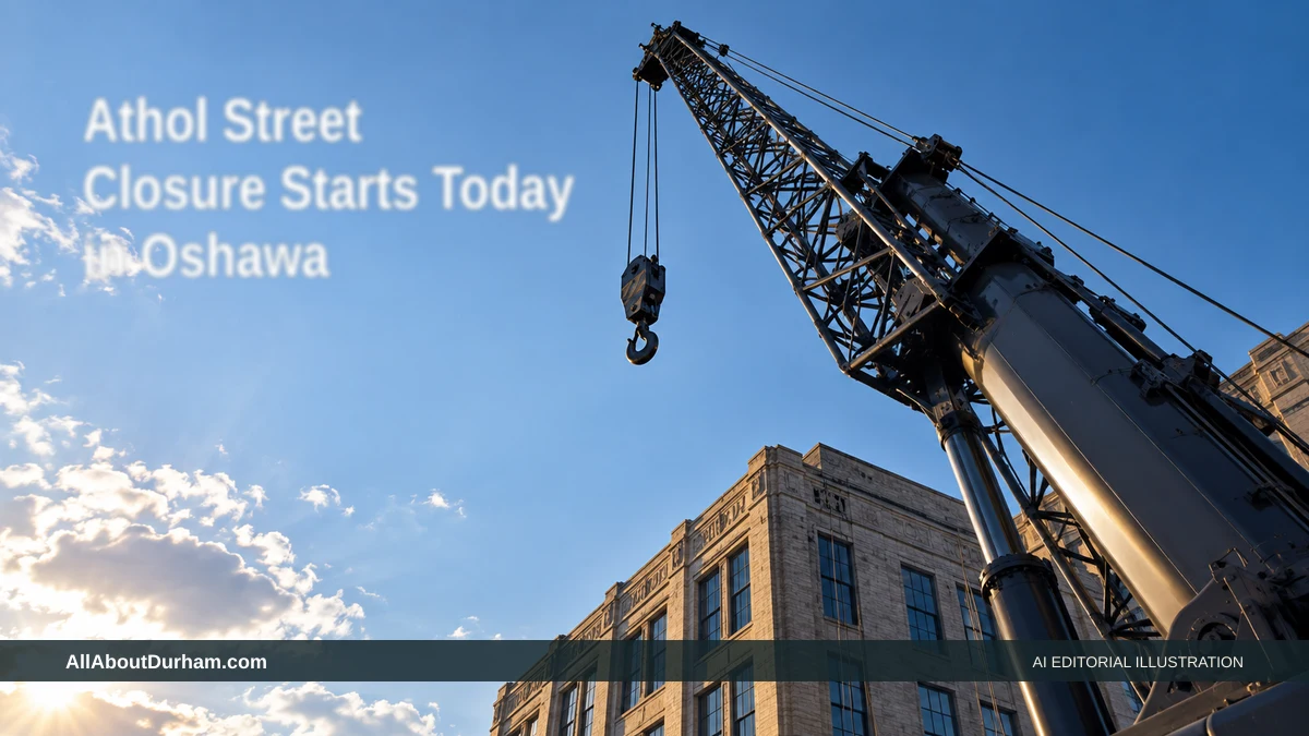 AI editorial illustration: Low-angle view of a crane at a generic construction site. Headline: Athol Street Closure Starts Today in Oshawa. AllAboutDurham.com.
