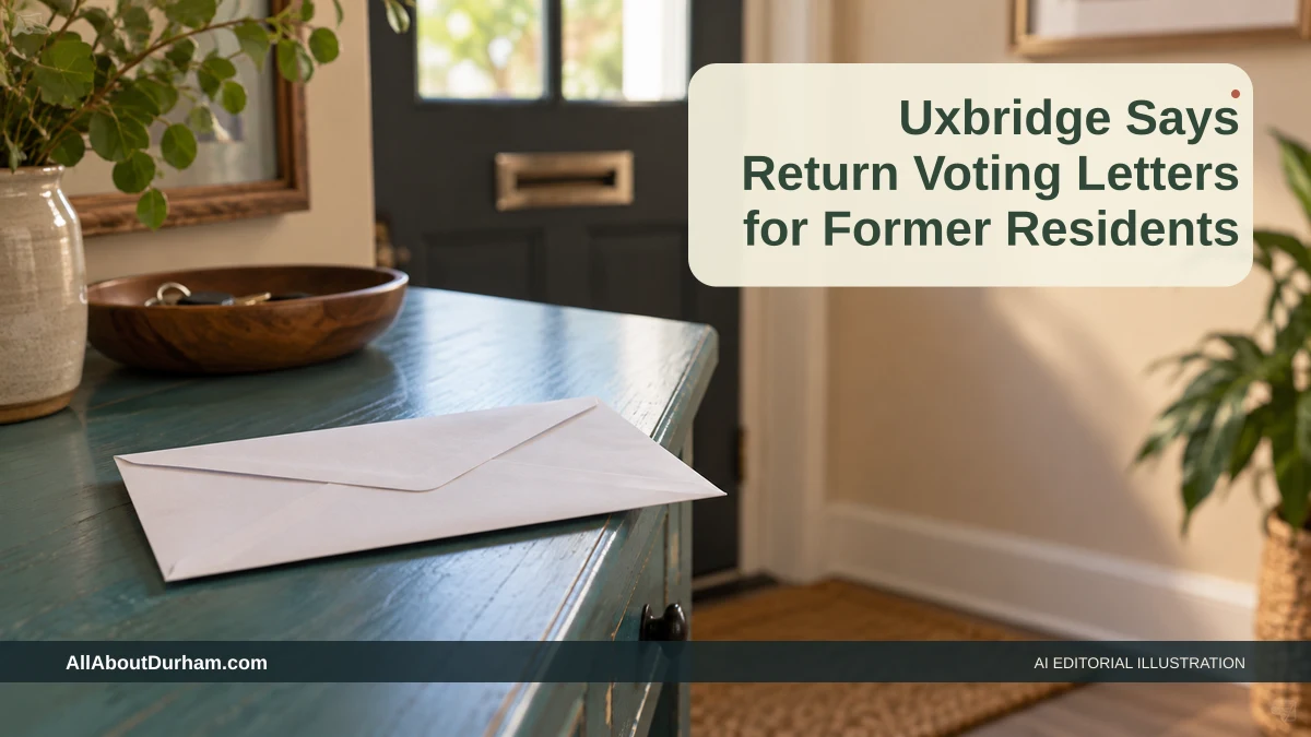 AI editorial illustration: Plain sealed envelope on a home console; contains no personal information. Headline: Uxbridge Says Return Voting Letters for Former Residents. AllAboutDurham.com.