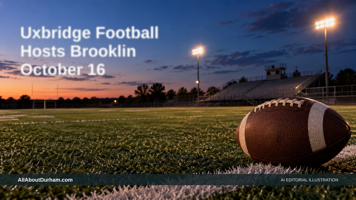 AI editorial illustration: Unbranded football on a school field at dusk before a doubleheader. Headline: Uxbridge Football Hosts Brooklin October 16. AllAboutDurham.com.