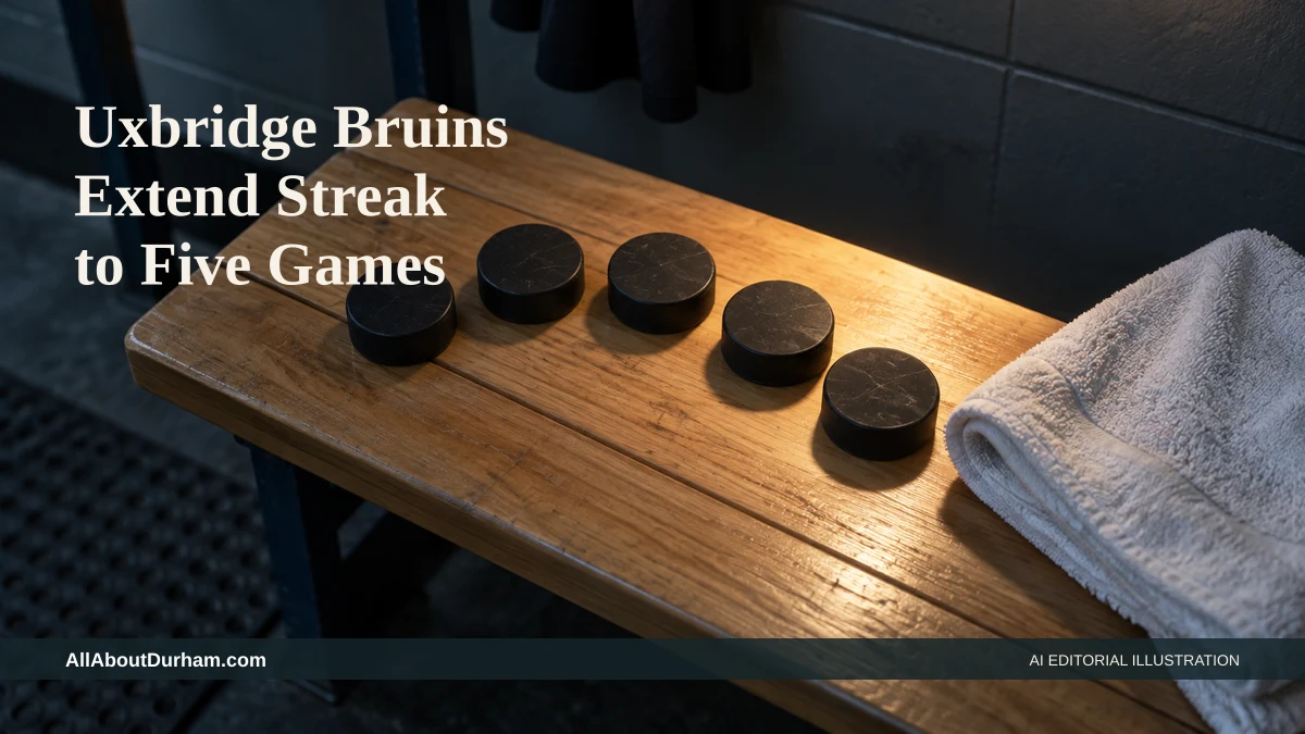 AI editorial illustration: Five hockey pucks on a wood bench representing the Bruins’ five-game streak. Headline: Uxbridge Bruins Extend Streak to Five Games. AllAboutDurham.com.