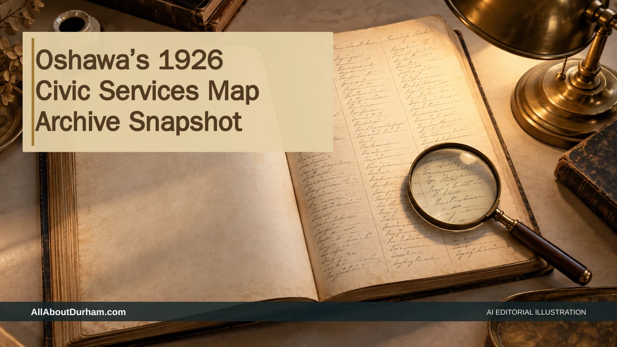AI editorial illustration: Generic antique directory, magnifier and lamp representing a sourced 1926 archive snapshot; not a source document. Headline: Oshawa’s 1926 Civic Services Map Archive Snapshot. AllAboutDurham.com.