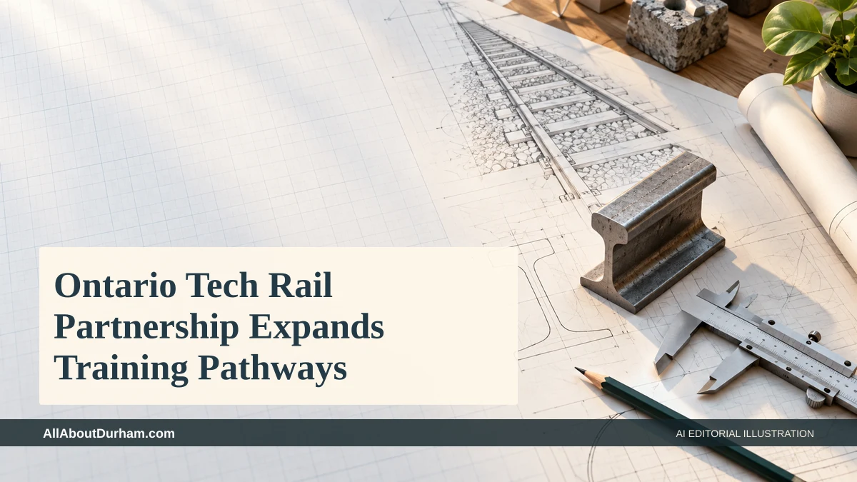 AI editorial illustration: Rail engineering sketches and a rail section representing an education partnership. Headline: Ontario Tech Rail Partnership Expands Training Pathways. AllAboutDurham.com.