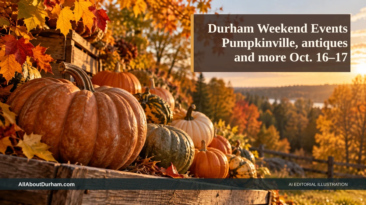 AI editorial illustration: Autumn pumpkin display representing the weekend-events roundup. Headline: Durham Weekend Events Pumpkinville, antiques and more Oct. 16–17. AllAboutDurham.com.