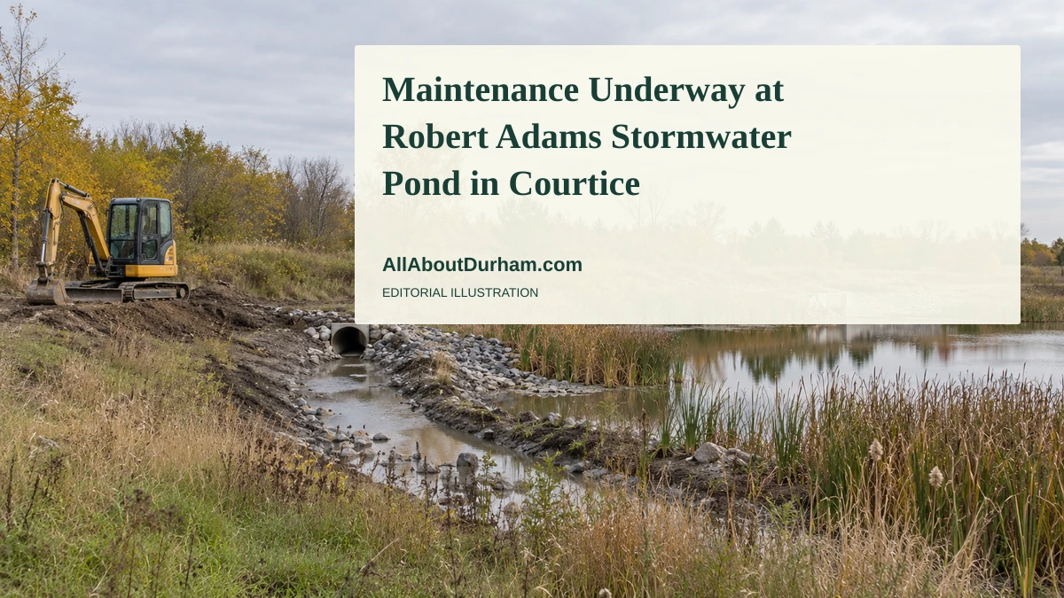 Editorial illustration of an autumn stormwater channel with a parked compact excavator, representing maintenance at Robert Adams pond in Courtice; not a photograph of the actual site.