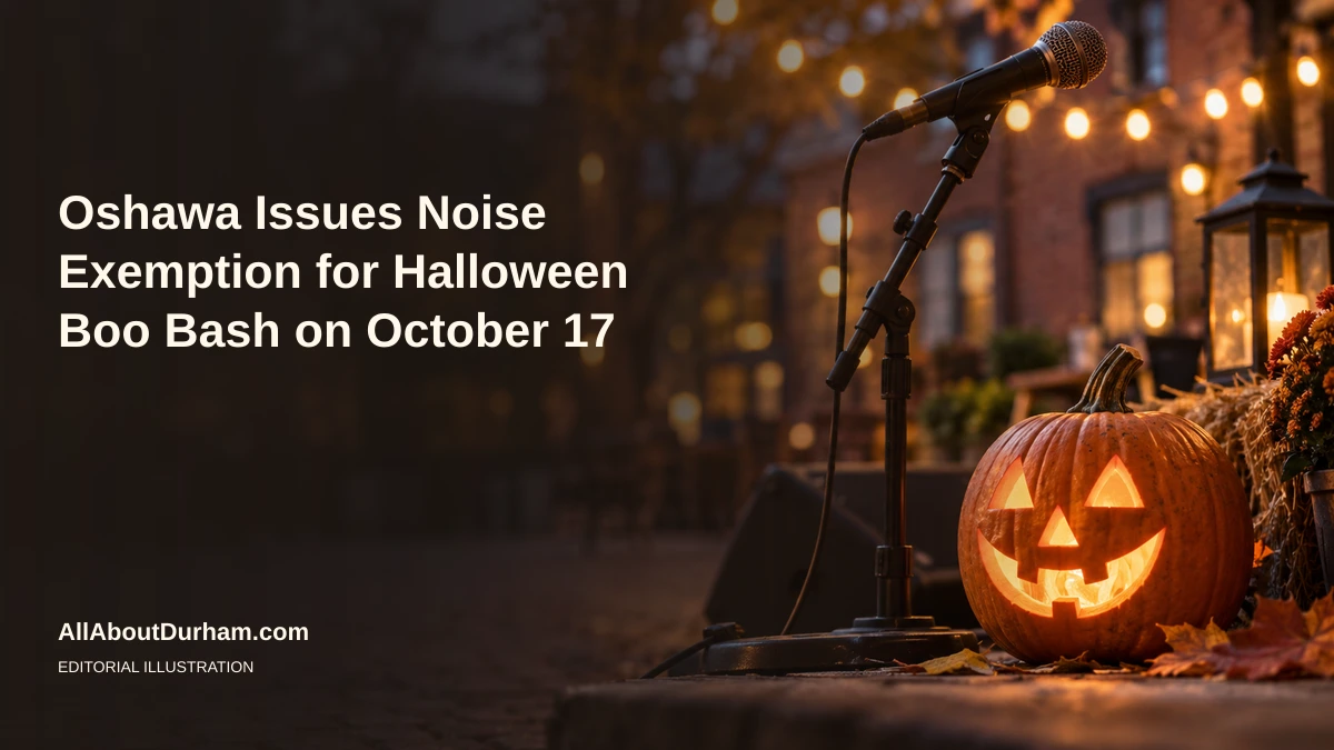 Editorial illustration of a microphone and carved pumpkin in warm evening light for Oshawa’s Halloween Boo Bash noise-exemption news; not a photograph of the event.