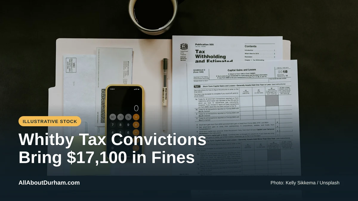 Illustrative stock photo: Tax paperwork, phone and pen on a desk. Photo by Kelly Sikkema on Unsplash. Headline: Whitby Tax Convictions Bring $17,100 in Fines. AllAboutDurham.com.