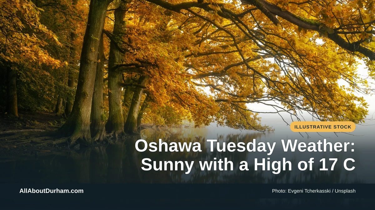 Illustrative stock photo: A lake surrounded by trees with yellow autumn leaves. Photo by Evgeni Tcherkasski on Unsplash. Headline: Oshawa Tuesday Weather: Sunny with a High of 17 C. AllAboutDurham.com.
