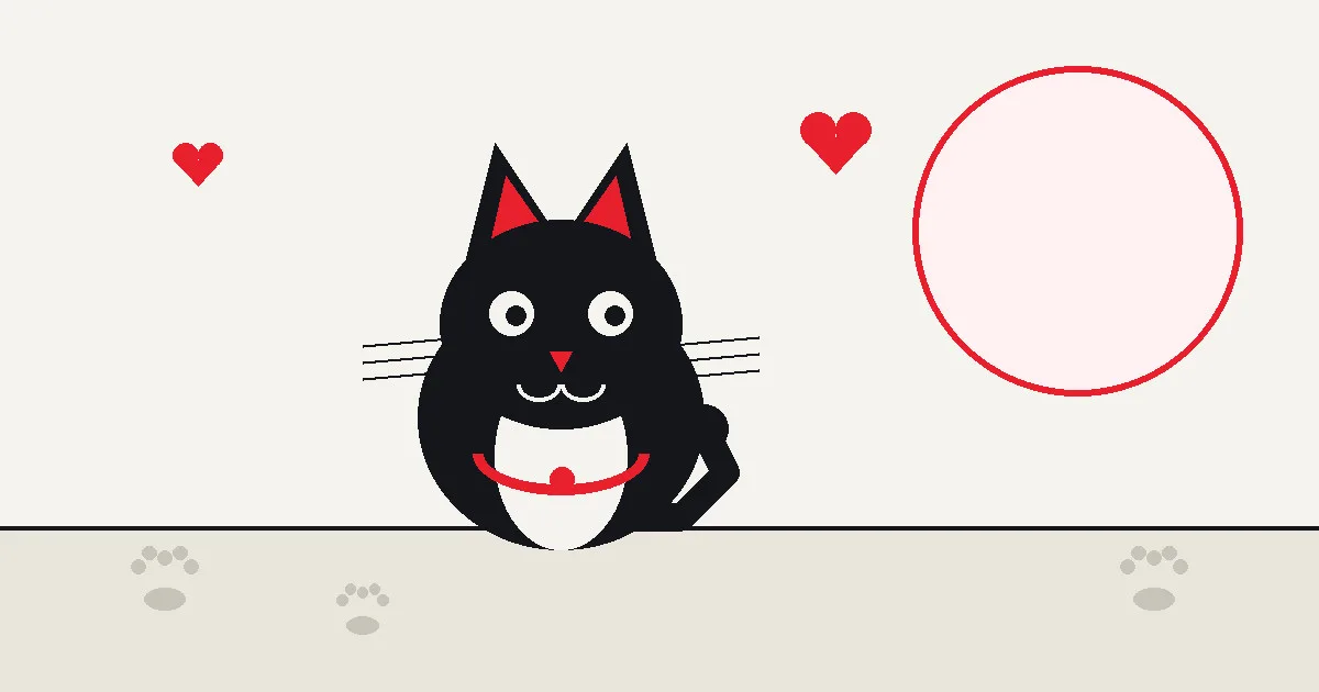 Illustration: a black cat with a red collar sitting beside paw prints and hearts.