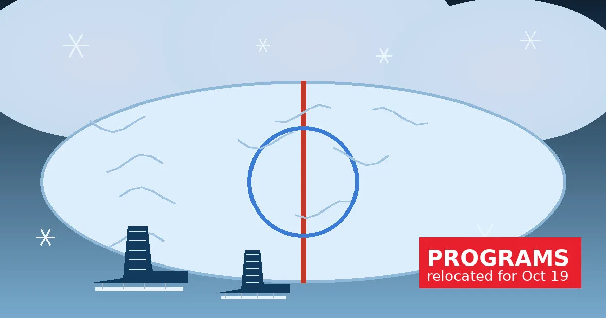 Illustration: a stylized ice rink with skate trails and two ice skates, with a banner noting programs relocated for October 19.