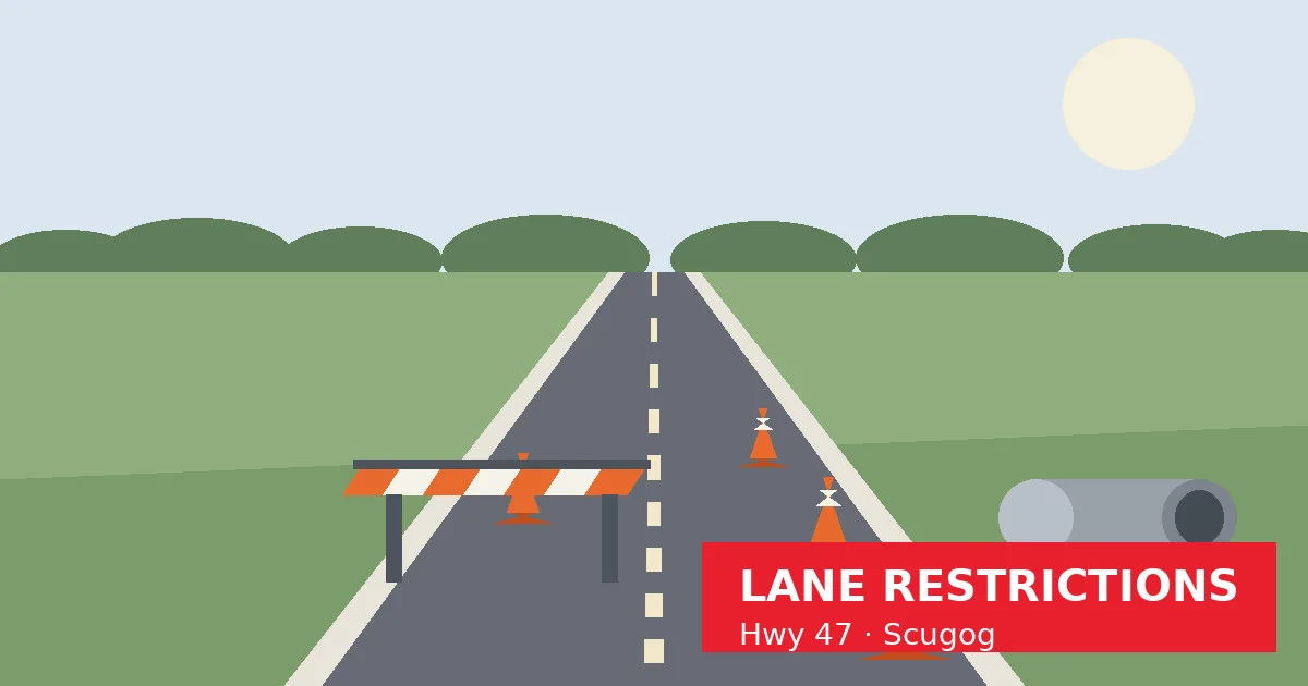 Illustration: a rural two-lane highway with traffic cones, a striped construction barricade, and a culvert pipe beside the road under a pale sky.