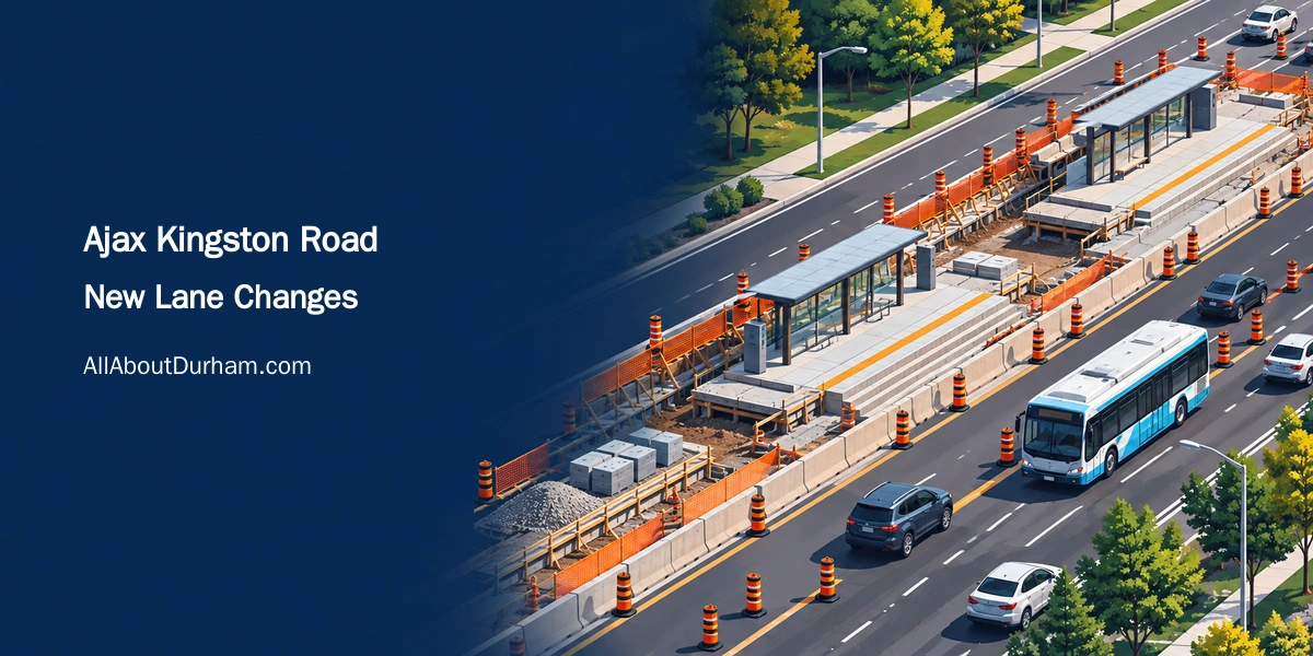 Original conceptual illustration of a suburban road work zone with cones, a bus and central transit construction; not a photograph or final project design.