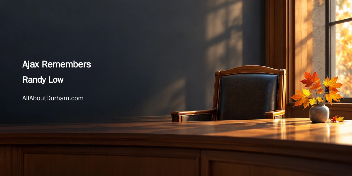 Original conceptual civic memorial illustration showing an empty wooden council chair and autumn leaves; not a photograph of Randy Low.