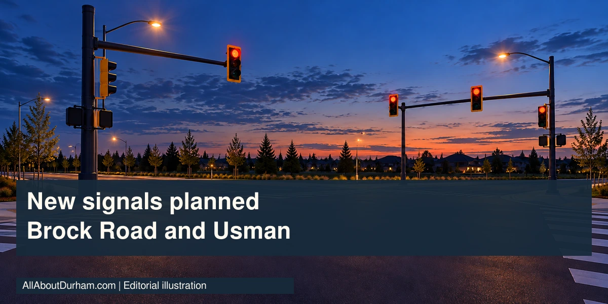 Editorial illustration: a generic empty suburban intersection with signal poles; not a final project design.