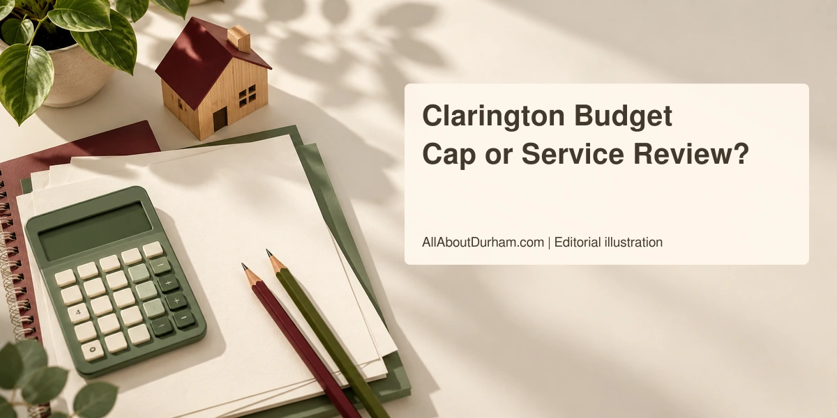 Original conceptual still life of a small house, calculator and blank papers representing Clarington municipal budget planning.