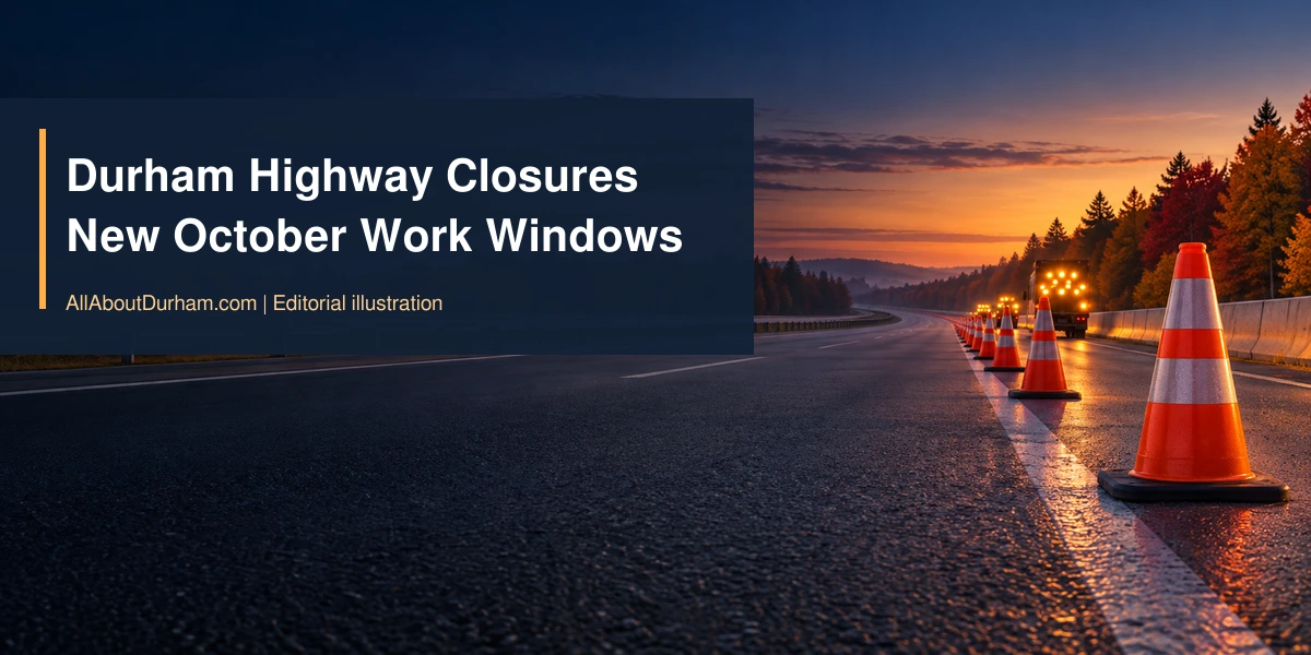 Original editorial illustration of orange cones beside an empty generic divided highway at dawn, representing planned Durham roadwork.