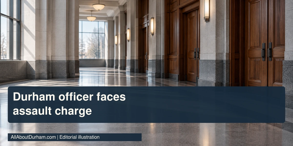 Editorial illustration: an empty civic courthouse corridor; not a photograph of the incident.