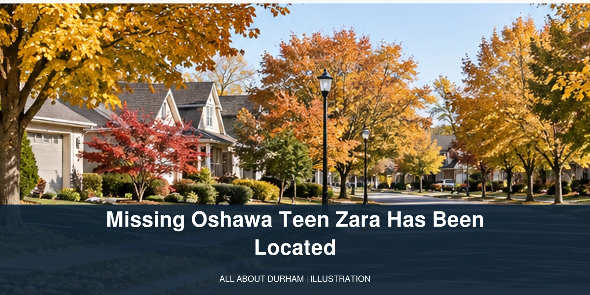Original illustration of a peaceful autumn residential street; missing Oshawa teen located, no person depicted