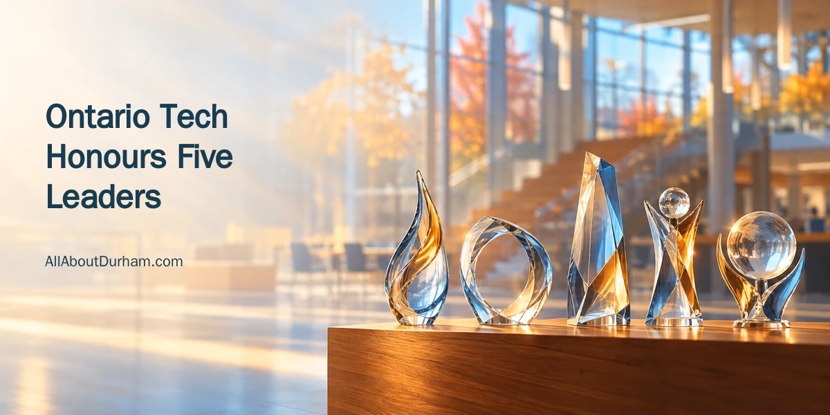 Conceptual editorial illustration of five glass awards in a softly lit learning space; not a photograph of the actual Ontario Tech trophies.