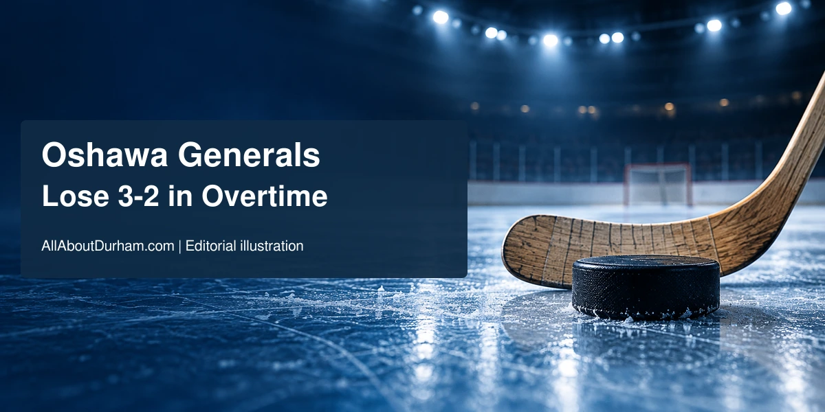 Original editorial illustration of an unbranded hockey puck and stick on blue rink ice; not a photograph of the Oshawa-Ottawa game.