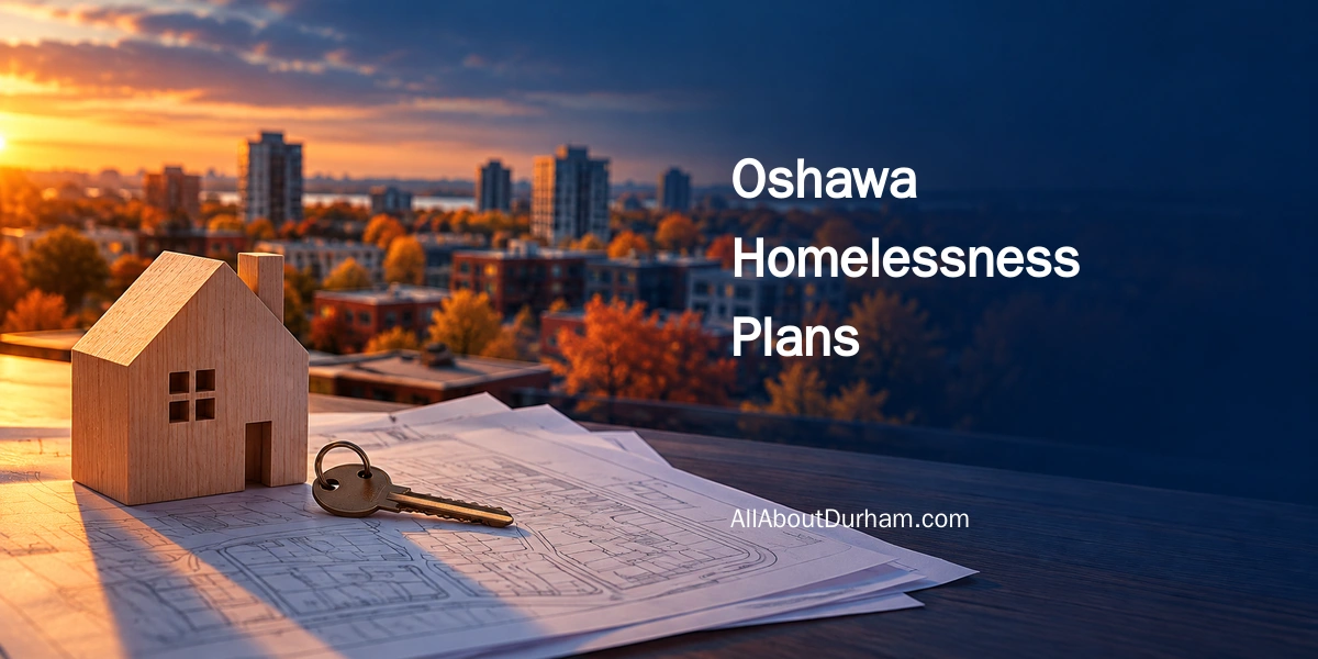 Original conceptual editorial illustration of a wooden house model and key on planning papers, representing Oshawa housing proposals.