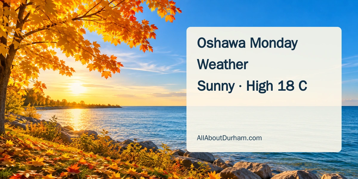 Original editorial illustration of golden autumn leaves beside a calm Lake Ontario shoreline; not an actual weather photograph.