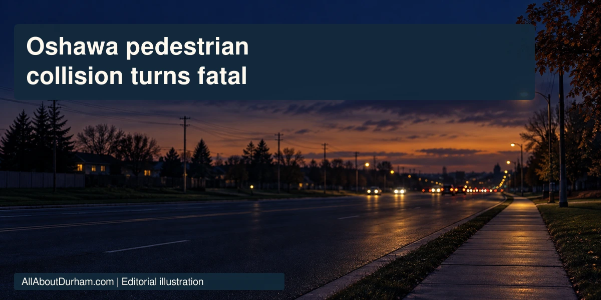 Conceptual editorial illustration of a quiet road at dusk; not a photograph of the Oshawa collision.