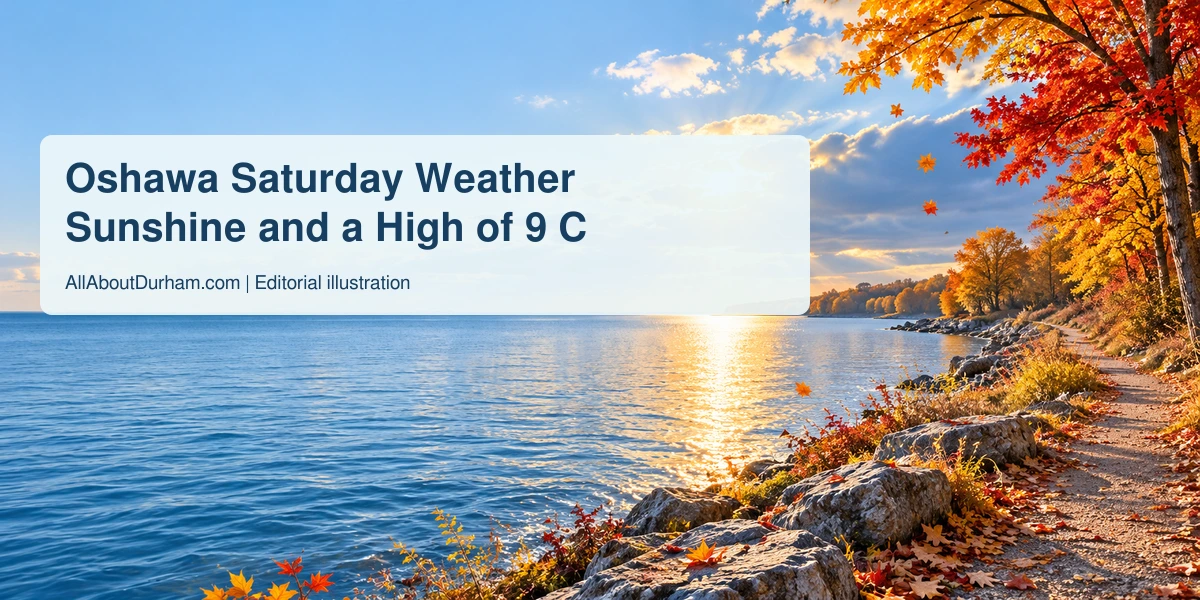 Original editorial illustration of autumn trees and a quiet lakeshore path under clearing skies, representing Oshawa Saturday weather.