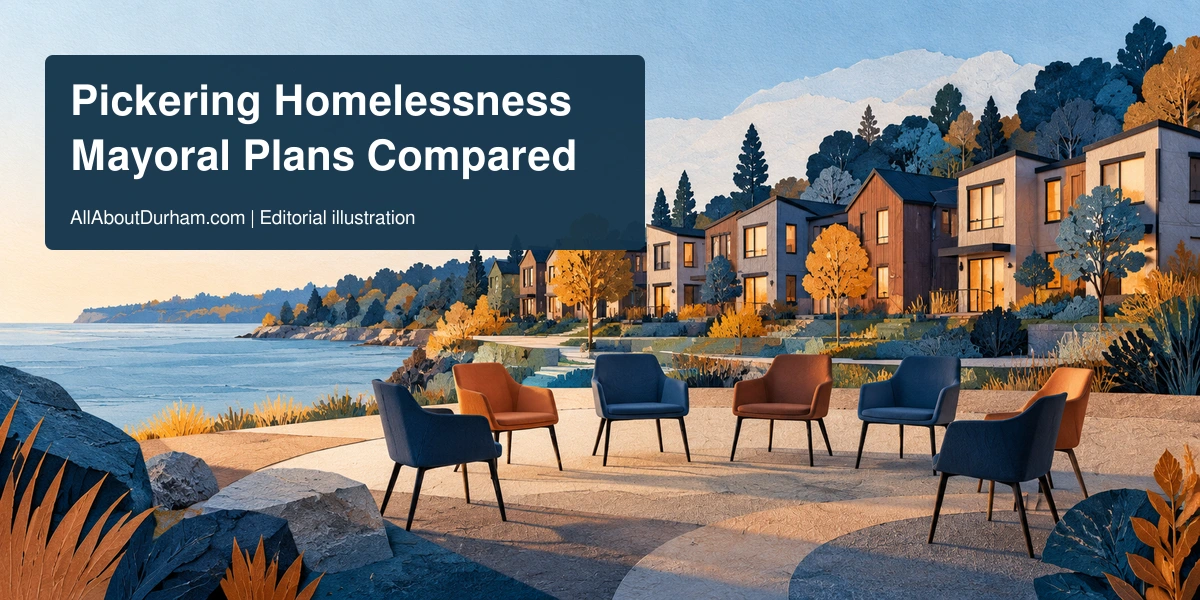 Original editorial illustration of small homes and discussion chairs representing Pickering housing policy choices.