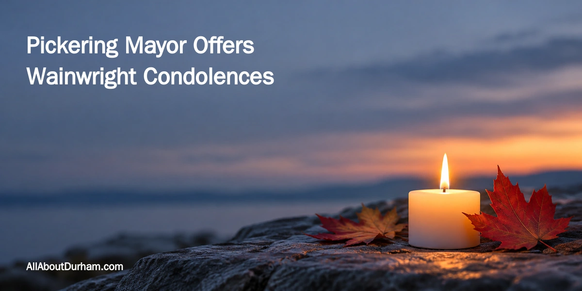 Conceptual editorial illustration of a candle and maple leaves at dusk, with a headline about Pickering mayoral condolences; not an incident photograph.