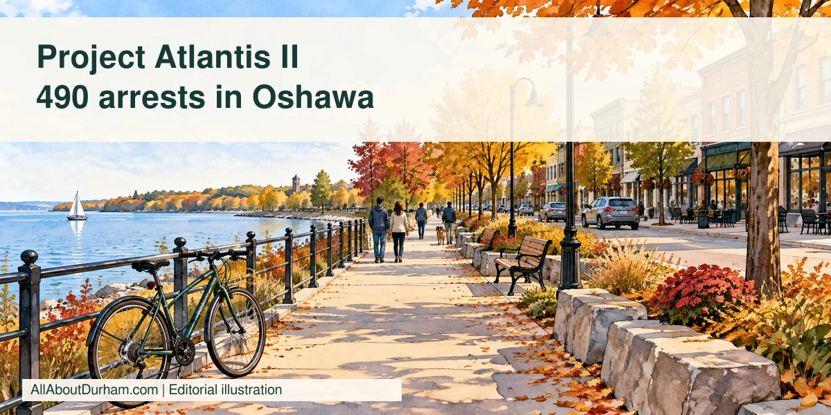 Editorial illustration: a quiet generic Ontario downtown path with a bicycle; not incident evidence.