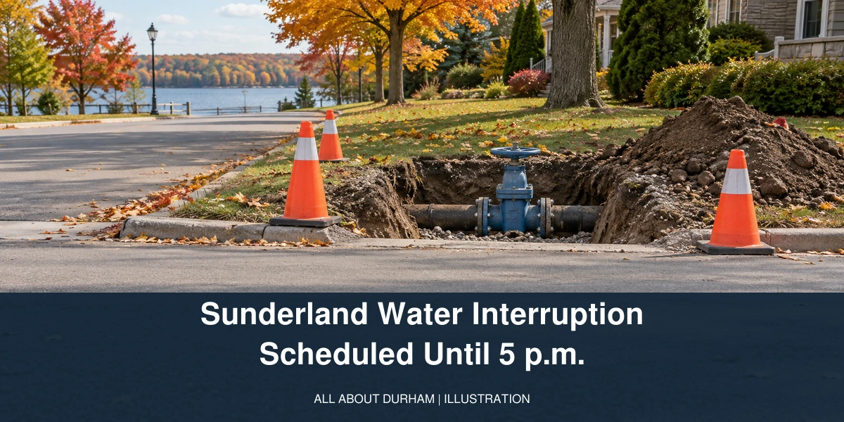 Illustration of watermain maintenance equipment beside a quiet street, with the Sunderland water interruption headline.