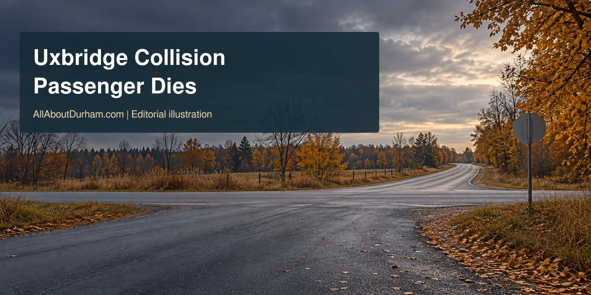 Original editorial illustration of a quiet rural autumn intersection, not a photograph of the Uxbridge collision.
