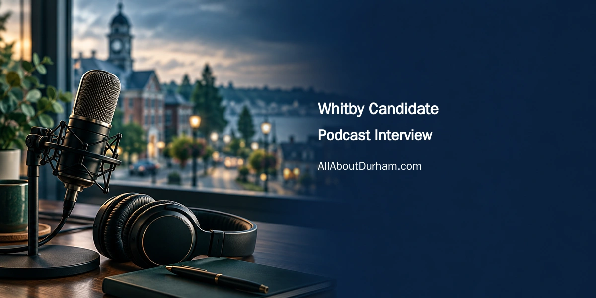 Original conceptual illustration of a podcast microphone and headphones beside a softly blurred civic streetscape; no candidate portrait or endorsement.