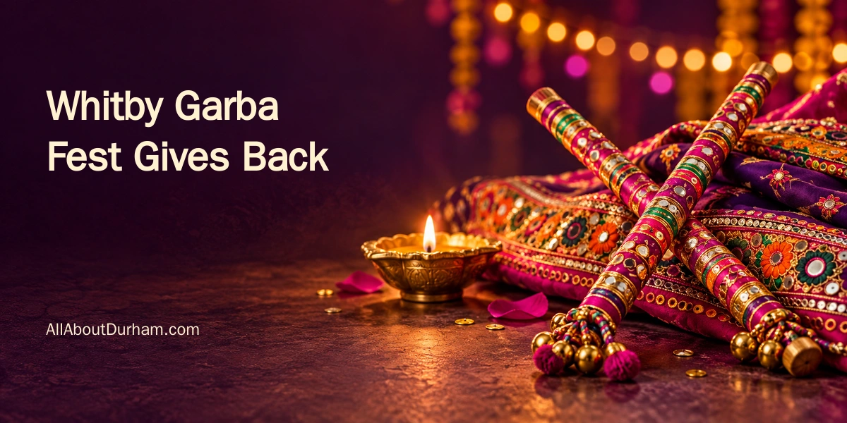 Original editorial illustration of colourful dandiya sticks, embroidered textiles and a glowing diya; not a photograph of Whitby Garba Fest.