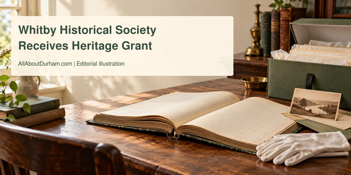 Original editorial illustration of a blank archival ledger, cotton gloves and a storage box on a wooden table, not a photograph of the society.