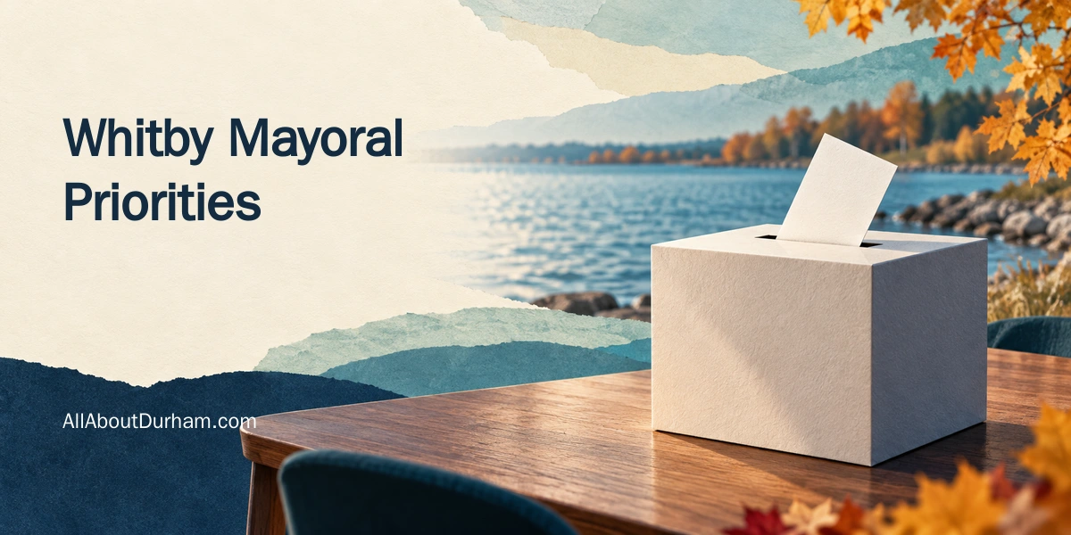 Original editorial illustration of a blank ballot box beside an abstract autumn waterfront, representing Whitby’s election.