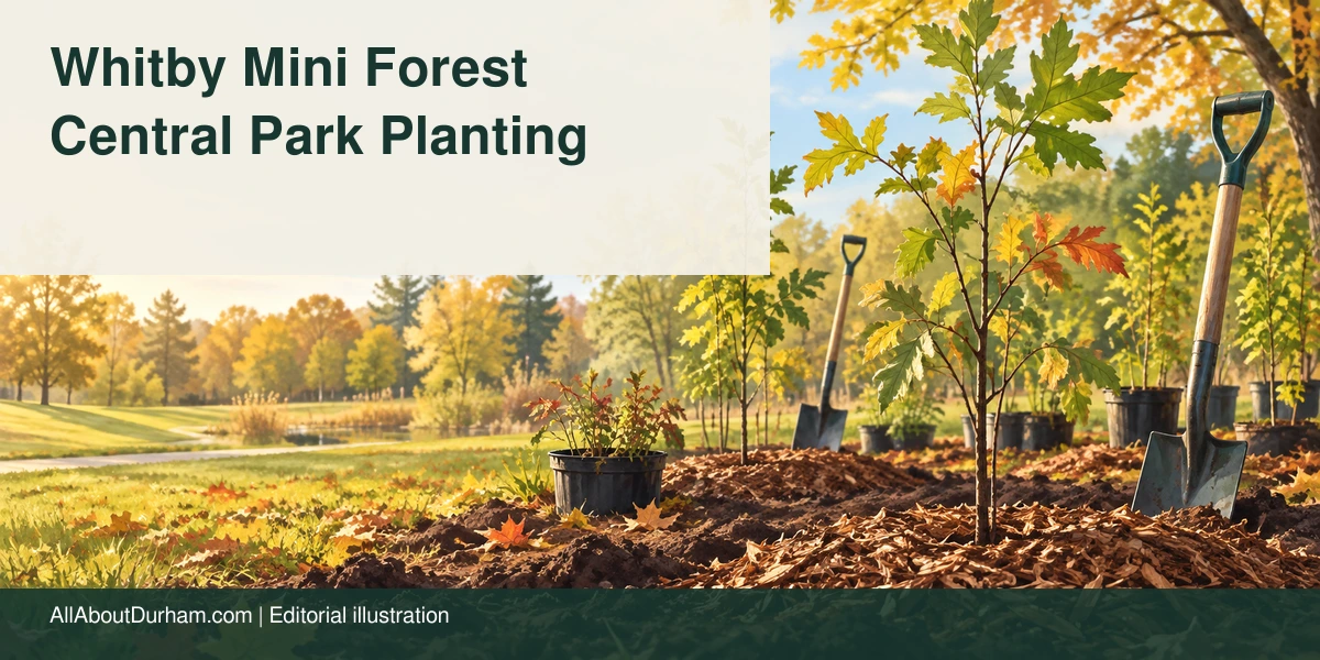 Original editorial illustration of native saplings and planting tools in a generic autumn park; not a photograph of Whitby Central Park.